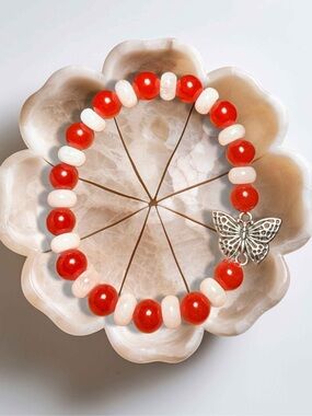 Red Jade Bracelet White Jade Butterfly Charm 8mm